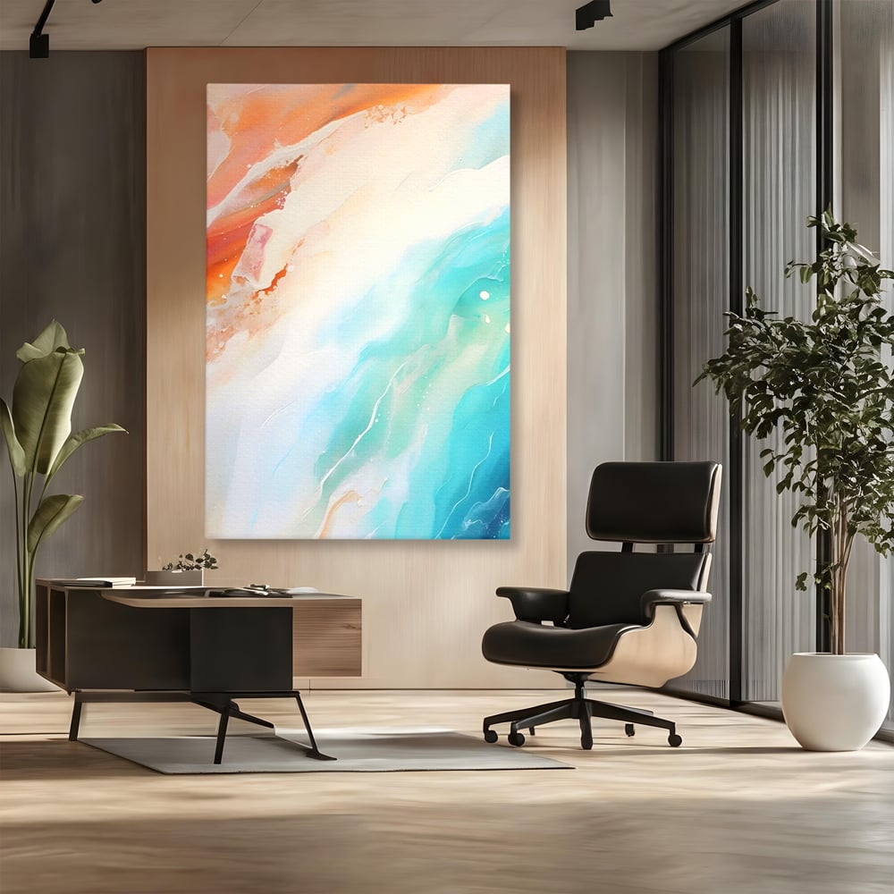Tablou canvas cu pictura abstracta cu valuri turcoaz, fara rama, pe sasiu de lemn, pe perete intr-un birou